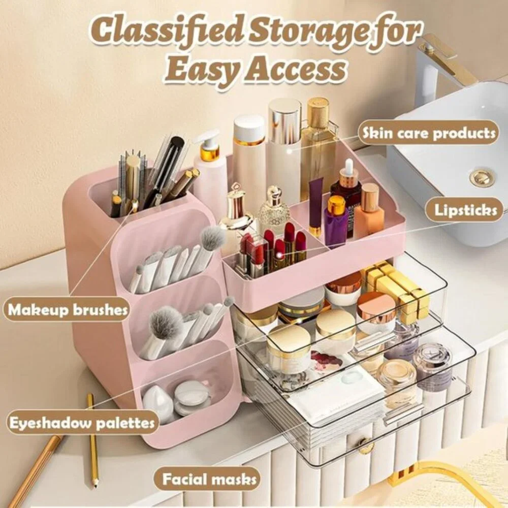New Large Makeup Organizer, Vanity Storage with Brush Holder & Drawers for Women